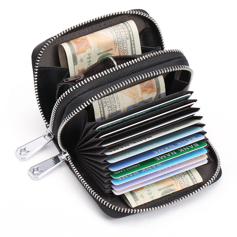 Black Background With Colorful Roses Floral Embossed Genuine Leather Card Holder - Large Capacity 10 Card Slots, RFID Blocking, Double Zipper Coin Pouch