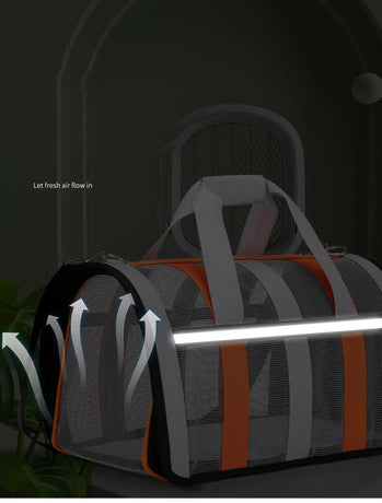 Size M Orange And Grey Foldable Pet Carrier Bag - Lightweight, Breathable, and Spacious for All Seasons