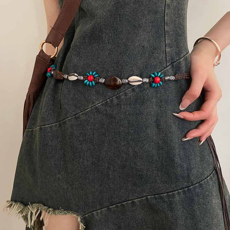 2 PCS Shell Red Beads Ethnic Style Waist Chain - Beaded Bohemian Belt for Women