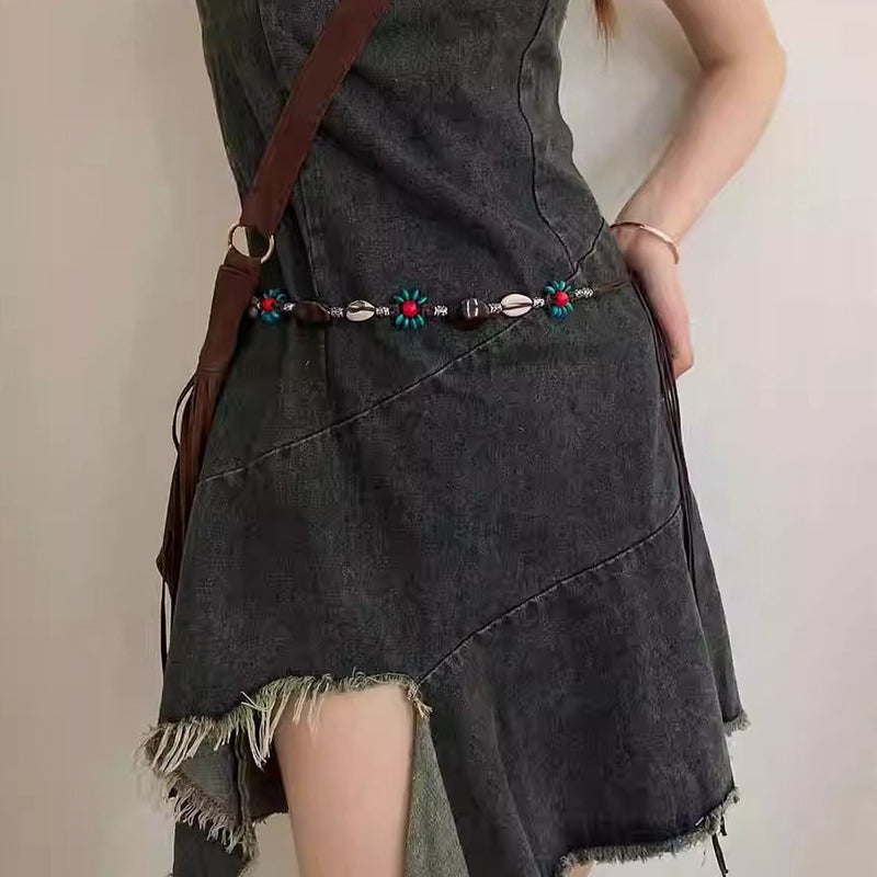 2 PCS Shell Red Beads Ethnic Style Waist Chain - Beaded Bohemian Belt for Women