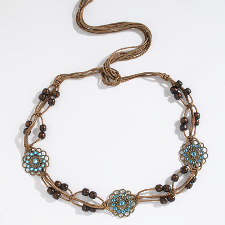 2 PCS Sapphire Wood Beads Ethnic Style Waist Chain - Beaded Bohemian Belt for Women