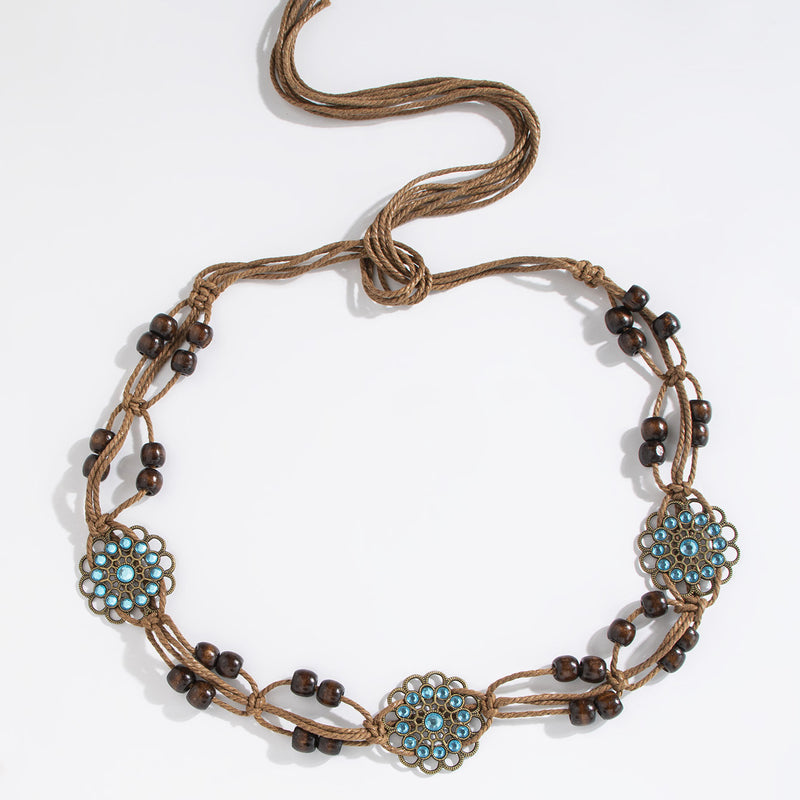 2 PCS Sapphire Wood Beads Ethnic Style Waist Chain - Beaded Bohemian Belt for Women