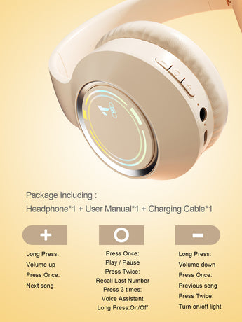 Beige Bluetooth 5.2 Headphones - Foldable, Adjustable Headband, TF Card