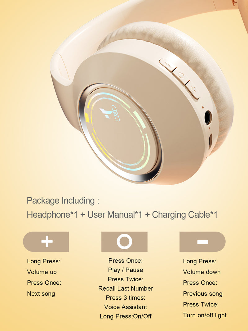 Beige Bluetooth 5.2 Headphones - Foldable, Adjustable Headband, TF Card