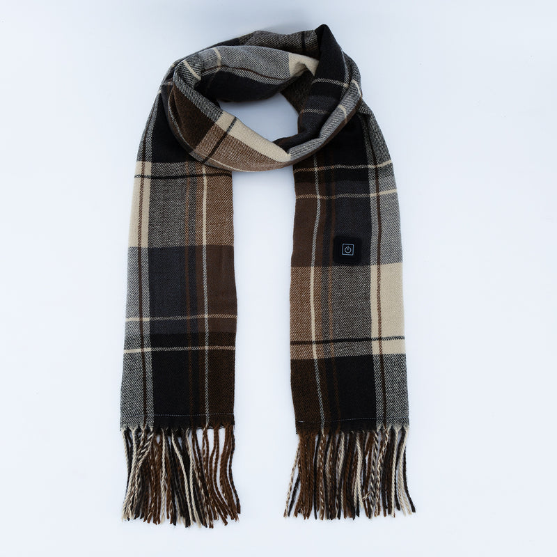 Striped Dark Brown Plaid Heated Scarf - Electric Warming Scarf, Winter Outdoor Essential (Without power bank)
