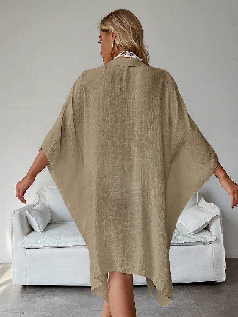 Khaki Summer Beach Cover-Up- Bamboo Cotton Sun Protection Cardigan
