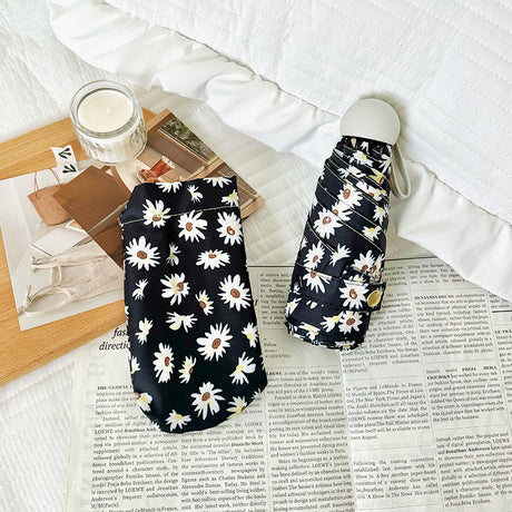 Black Daisy Mini 5-Fold Umbrella - Portable, Anti-UV, Black Glue Coating