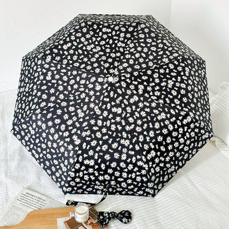 Black Daisy Mini 5-Fold Umbrella - Portable, Anti-UV, Black Glue Coating