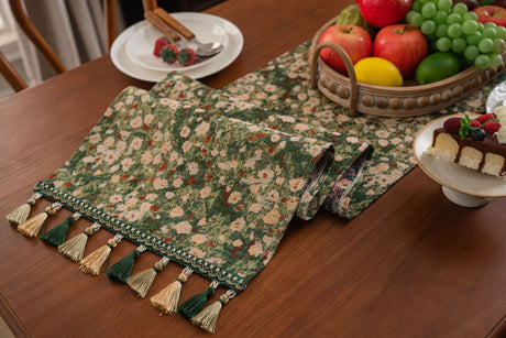 2 pcs Floral Table Runner with Tassels - Jacquard Green Farmhouse Style (33x120cm)
