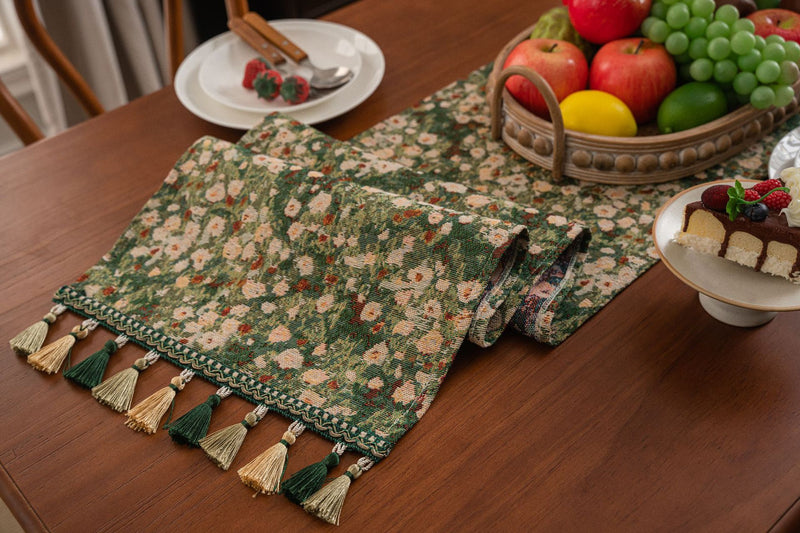 2 pcs Floral Table Runner with Tassels - Jacquard Green Farmhouse Style (33x120cm)