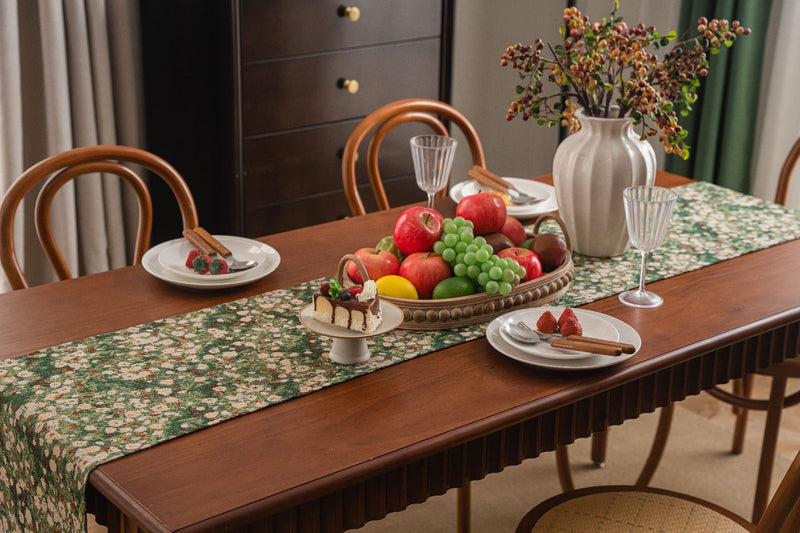 2 pcs Floral Table Runner with Tassels - Jacquard Green Farmhouse Style (33x120cm)