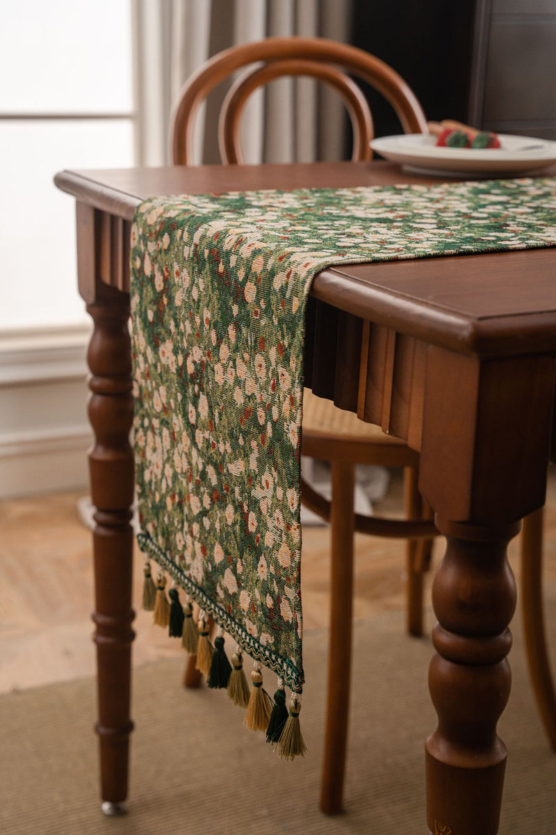 2 pcs Floral Table Runner with Tassels - Jacquard Green Farmhouse Style (33x120cm)