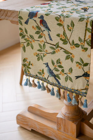 2 PCS Birds & Branch Table Runner - Jacquard Woven Beige with Tassels(33X140CM)