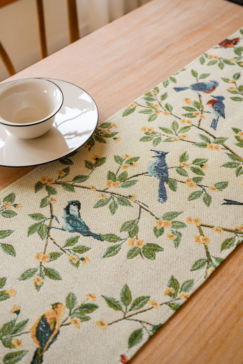 Birds & Branch Table Runner - Jacquard Woven Beige with Tassels(33X200CM)