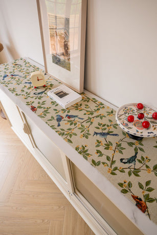 Birds & Branch Table Runner - Jacquard Woven Beige with Tassels(33X200CM)