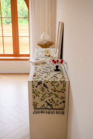 Birds & Branch Table Runner - Jacquard Woven Beige with Tassels(33X220CM)