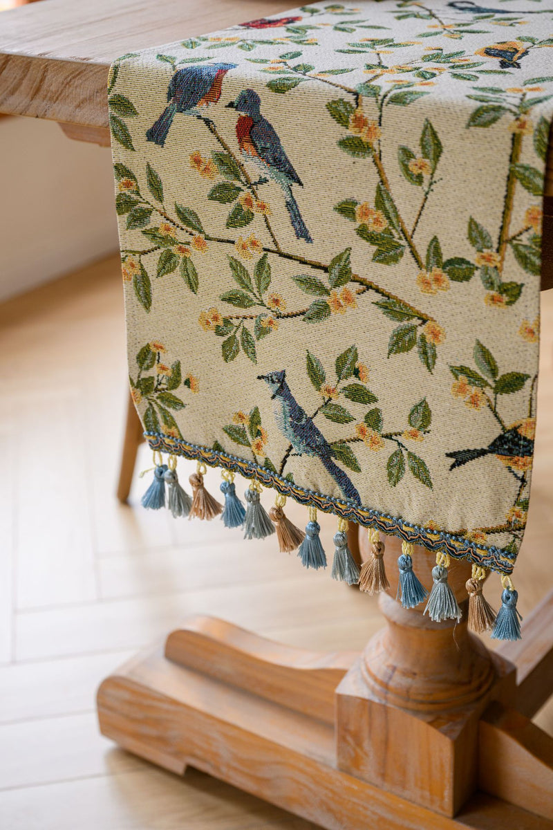 Birds & Branch Table Runner - Jacquard Woven Beige with Tassels(33X300CM)