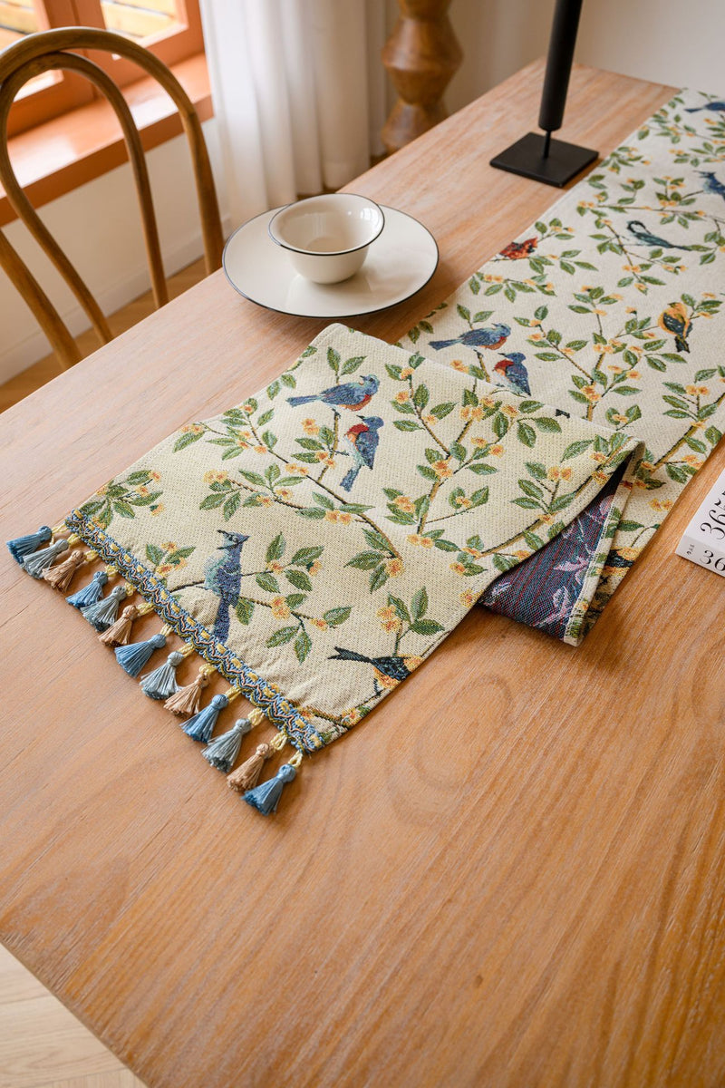 Birds & Branch Table Runner - Jacquard Woven Beige with Tassels(33X350CM)