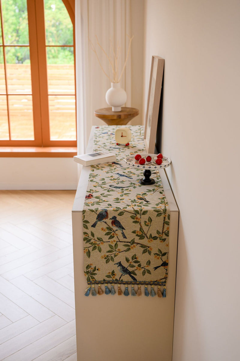 Birds & Branch Table Runner - Jacquard Woven Beige with Tassels(33X350CM)