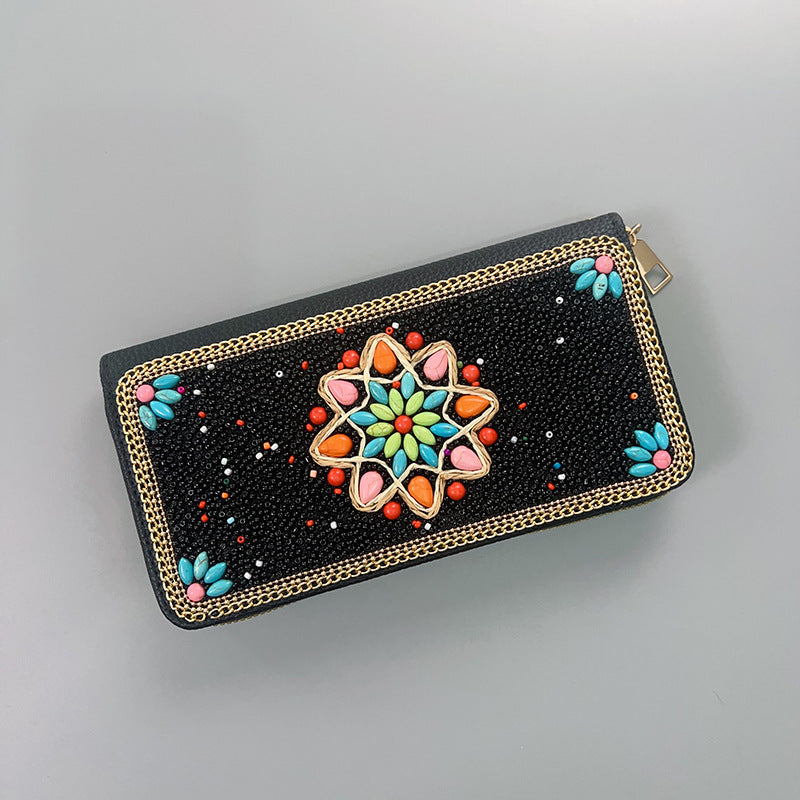 Black Ethnic Style Beaded Clutch - Handmade Retro Wallet Style 1