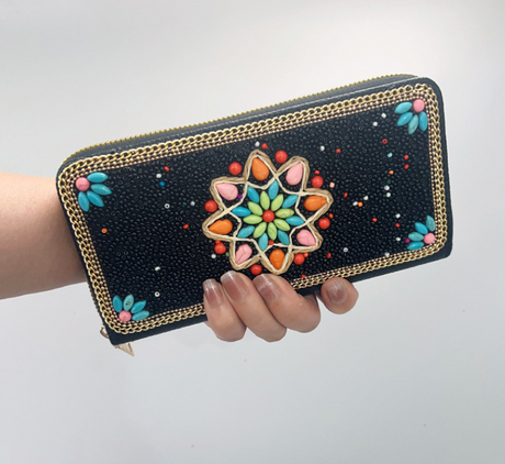 Black Ethnic Style Beaded Clutch - Handmade Retro Wallet Style 1