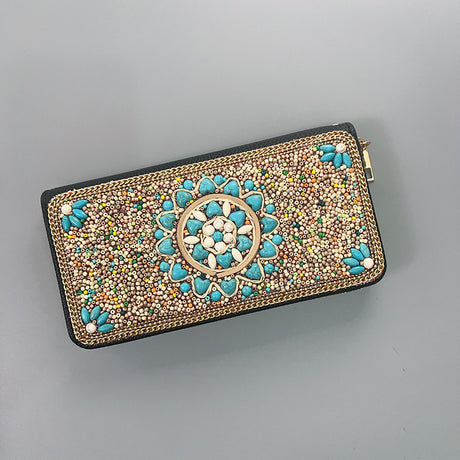 Beige Sunflower Ethnic Style Beaded Clutch - Handmade Retro Wallet Style 5