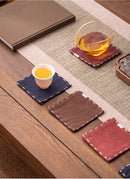 Navy Blue Chinese Style Linen Coasters - Set of 4, Hand-Embroidered Tea Mats (9x9cm)