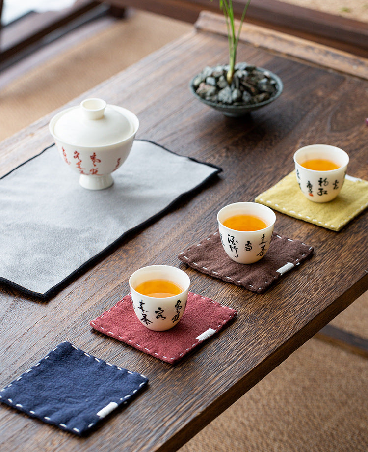 Brown Chinese Style Linen Coasters - Set of 5, Hand-Embroidered Tea Mats (9x9cm)