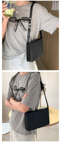 Black Minimalist Flap Shoulder Bag-Elegant Women's Double-Layer Crossbody