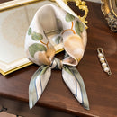 Beige Pure Silk Scarf - Elegant Flower Design, Square Handkerchief (Style 12)