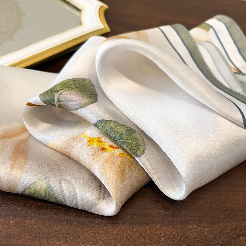 Beige Pure Silk Scarf - Elegant Flower Design, Square Handkerchief (Style 12)