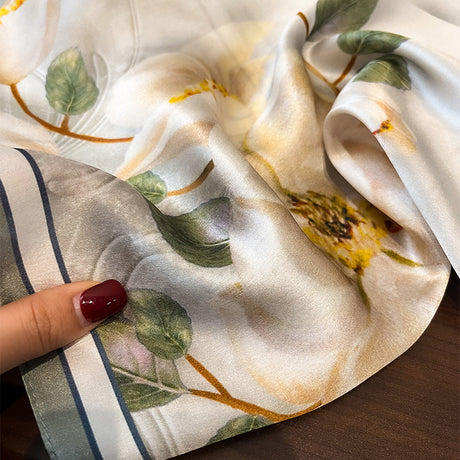 Beige Pure Silk Scarf - Elegant Flower Design, Square Handkerchief (Style 12)