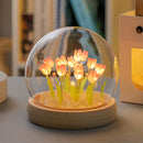 (Ten Blue Tulips) Glowing Tulip Dome Lamp -  Wooden Base, Bedside Table Decoration