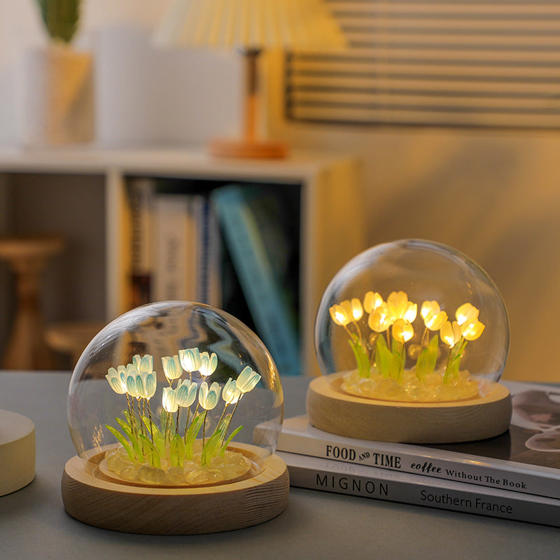 (Thirteen Blue Tulips) Glowing Tulip Dome Lamp -  Wooden Base, Bedside Table Decoration