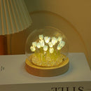 (Thirteen Blue Tulips) Glowing Tulip Dome Lamp -  Wooden Base, Bedside Table Decoration
