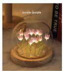 (Thirteen Purple Tulips) Glowing Tulip Dome Lamp -  Wooden Base, Bedside Table Decoration