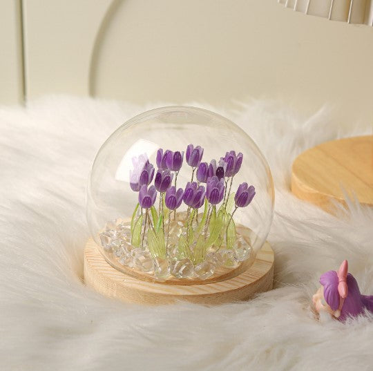 (Thirteen Purple Tulips) Glowing Tulip Dome Lamp -  Wooden Base, Bedside Table Decoration