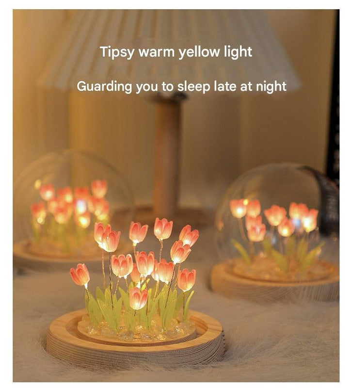 (Thirteen Pink Tulips) Glowing Tulip Dome Lamp -  Wooden Base, Bedside Table Decoration
