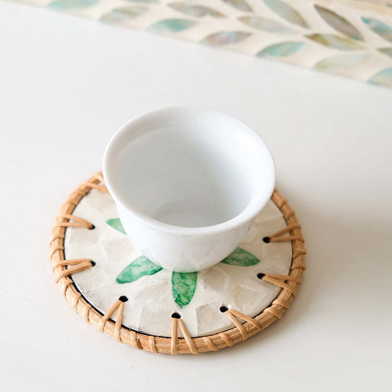 (Green Leaf Pattern) Set of 5 Rattan & Shell Coasters - Decorative & Heat Resistant