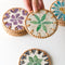 (Green Leaf Pattern) Set of 5 Rattan & Shell Coasters - Decorative & Heat Resistant