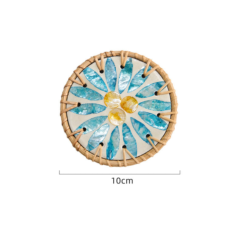 (Blue Leaf Fruit Pattern) Set of 5 Rattan & Shell Coasters - Decorative & Heat Resistant