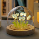 (Twenty Blue Tulips) Glowing Tulip Dome Lamp -  Wooden Base, Bedside Table Decoration