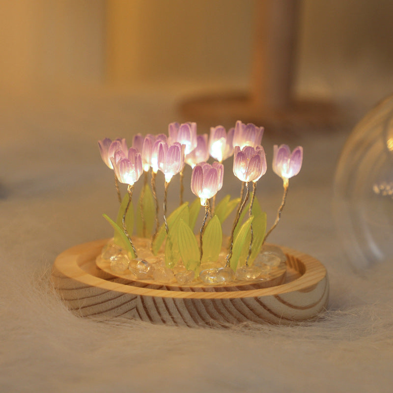 (Twenty Purple Tulips) Glowing Tulip Dome Lamp -  Wooden Base, Bedside Table Decoration