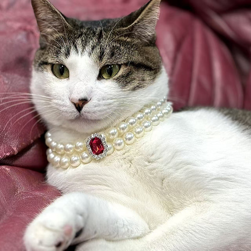 3-pcs Red Diamond  Double Strand Pearl & Rhinestone Pet Necklace - Luxury Collar for Cats & Dogs Size S (20-26CMCM)
