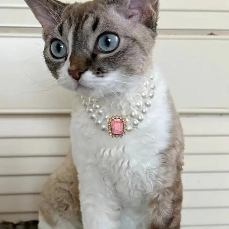 3-pcs Pink Diamond  Double Strand Pearl & Rhinestone Pet Necklace - Luxury Collar for Cats & Dogs Size S (20-26CMCM)