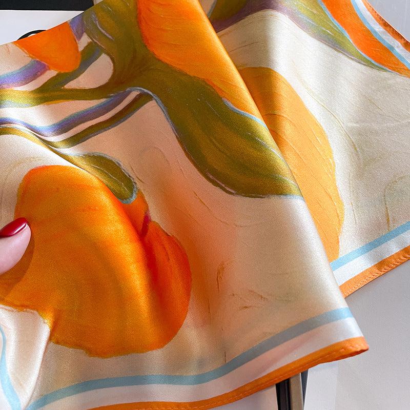 Orange Lotus Leaf Women's Floral Print Mulberry Silk Shawl, 53cm (Style 5)