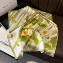 Green Lotus 53cm Silk Scarf - 100% Mulberry Silk, Floral Print, Women's Square Scarf Shawl (Style 1)