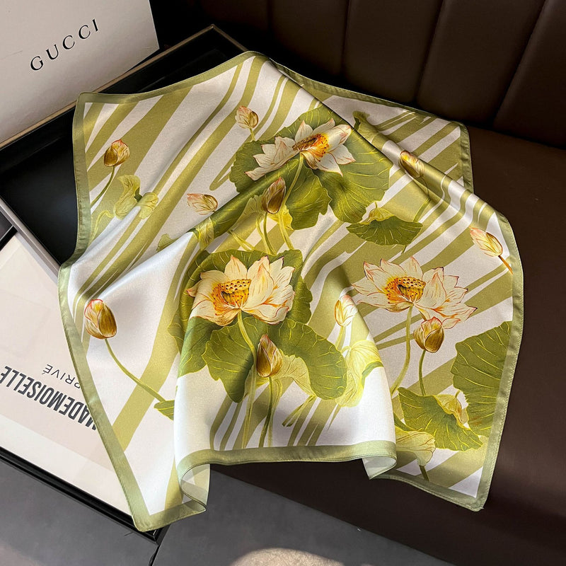Green Lotus 53cm Silk Scarf - 100% Mulberry Silk, Floral Print, Women's Square Scarf Shawl (Style 1)