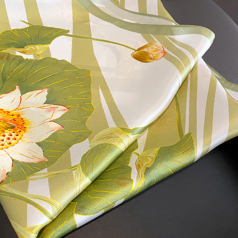 Green Lotus 53cm Silk Scarf - 100% Mulberry Silk, Floral Print, Women's Square Scarf Shawl (Style 1)