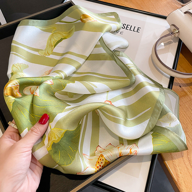Green Lotus 53cm Silk Scarf - 100% Mulberry Silk, Floral Print, Women's Square Scarf Shawl (Style 1)